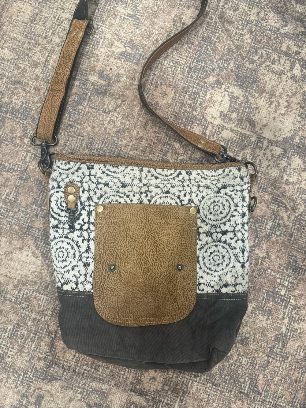 Myra Bag Brown, Black & Cream Patterned Crossbody